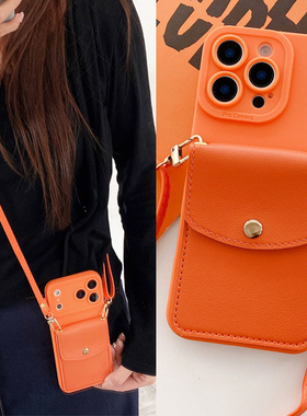 适用于苹果17promax手机壳新款带卡包一体iPhone16可插卡15斜挎可背挂绳14plus橙色硅胶13软壳12全包边11防摔