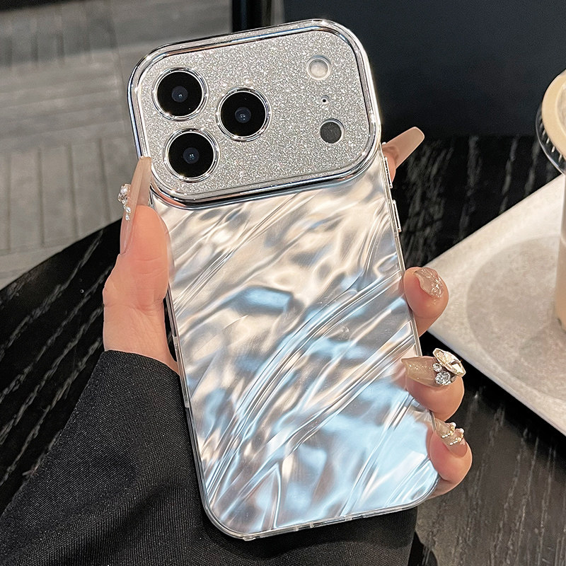 闪粉大视窗水波纹镜面手机壳适用苹果17promax银色高级感iPhone16镜头全包防摔15plus软边硬背14硬壳13防指纹