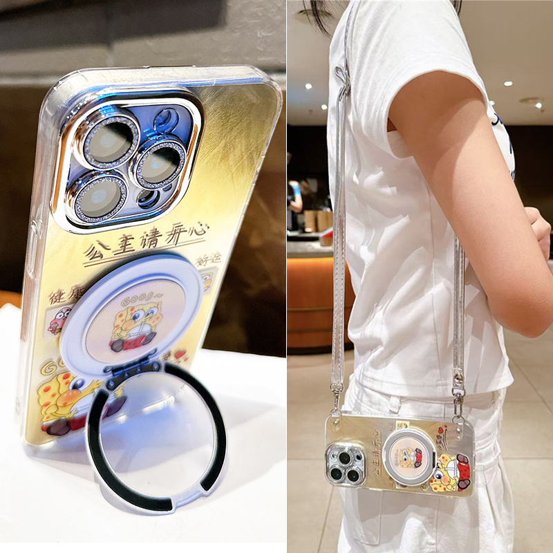 海绵宝宝适用苹果16手机壳磁吸支架充电iPhone15promax手链挂绳14plus斜挎背带13可爱卡通12防摔11全包镜头膜