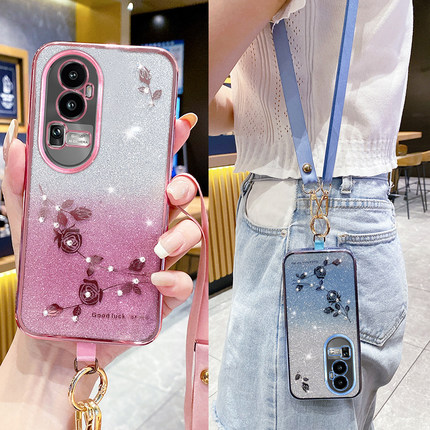 适用渐变色opporeno10手机壳新款闪粉reno9pro防摔硅胶reno8镜头全包reno7透明软壳reno12挂绳reno11斜挎背带