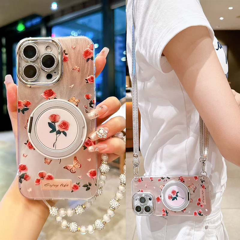 复古玫瑰花适用小米17手机壳新款摄像头全包防摔iPhone16promax自带镜头膜15plus旋转支架14斜挎背带13长挂绳