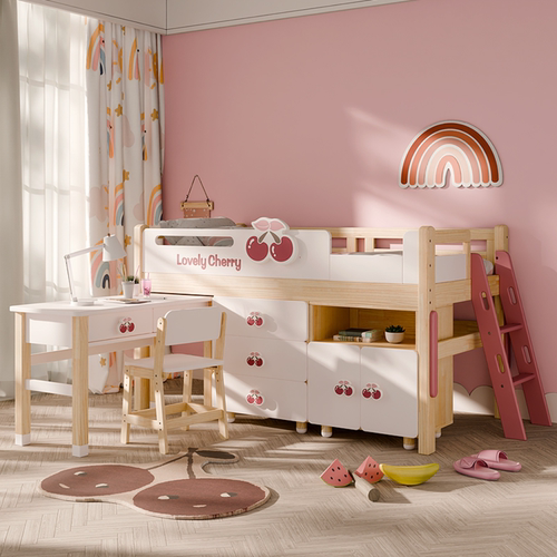 七叶木实木小户型储物儿童中高床