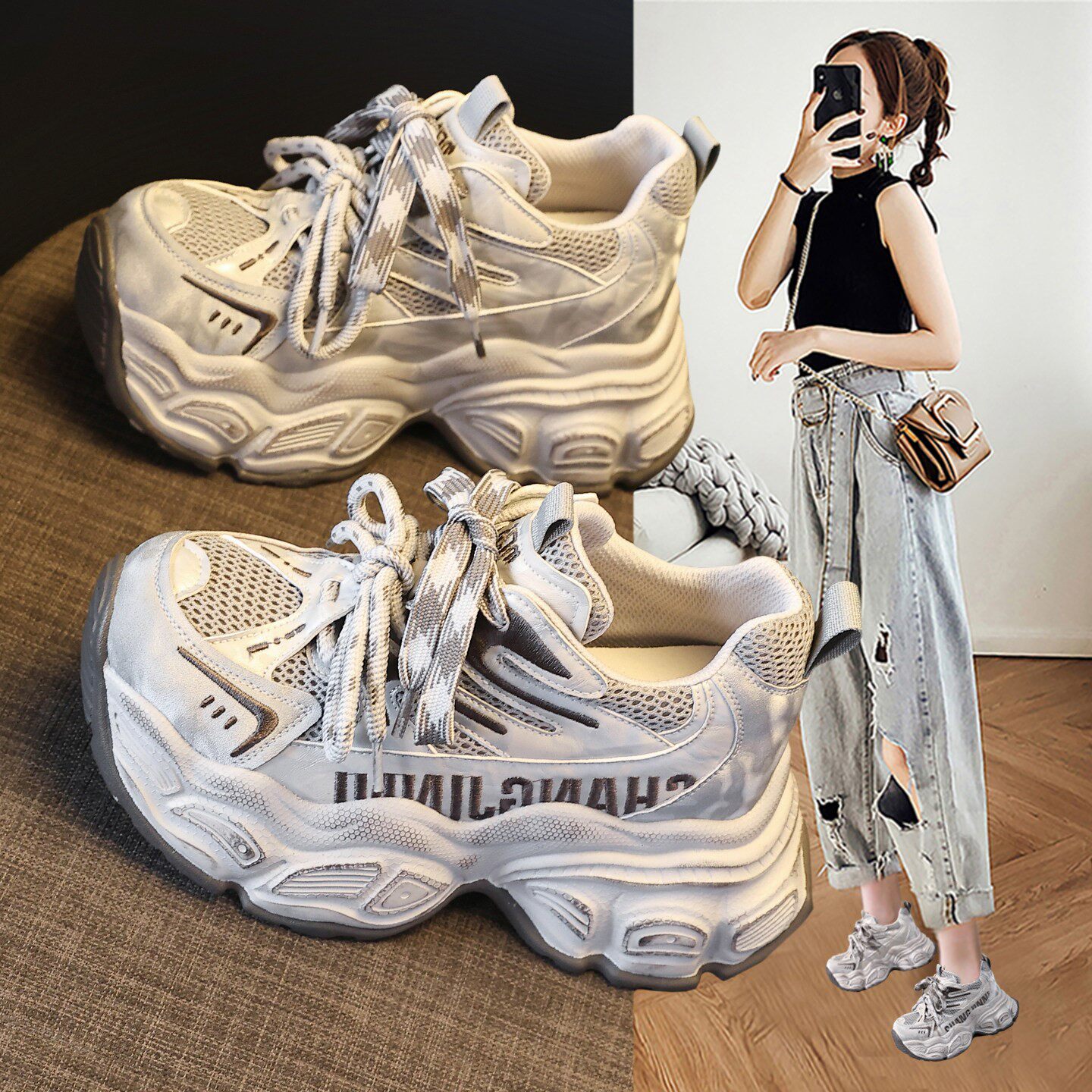 明星巨好看网面老爹鞋女2026春季新款系带厚底小个子内增高运动鞋