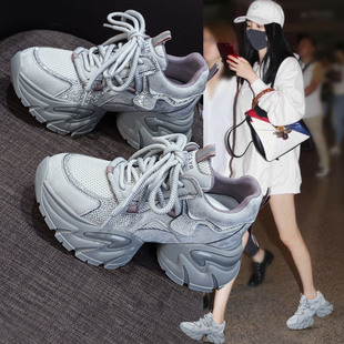 欧货真皮厚底老爹鞋女2025新款秋季百搭增高水钻女鞋休闲运动鞋子