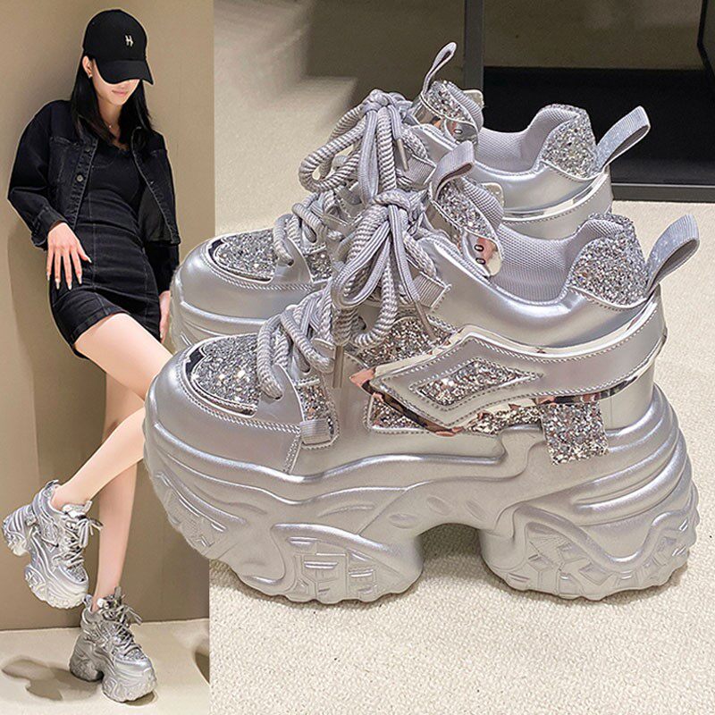 明星2026秋季新款10cm内增高女鞋厚底亮片老爹鞋女百搭运动休闲鞋