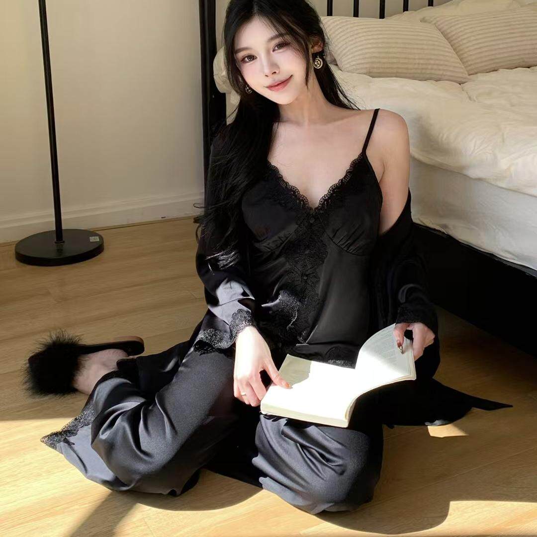狂野豹纹蕾丝拼接冰丝三件套性感吊带睡袍长袖女休闲法式家居服