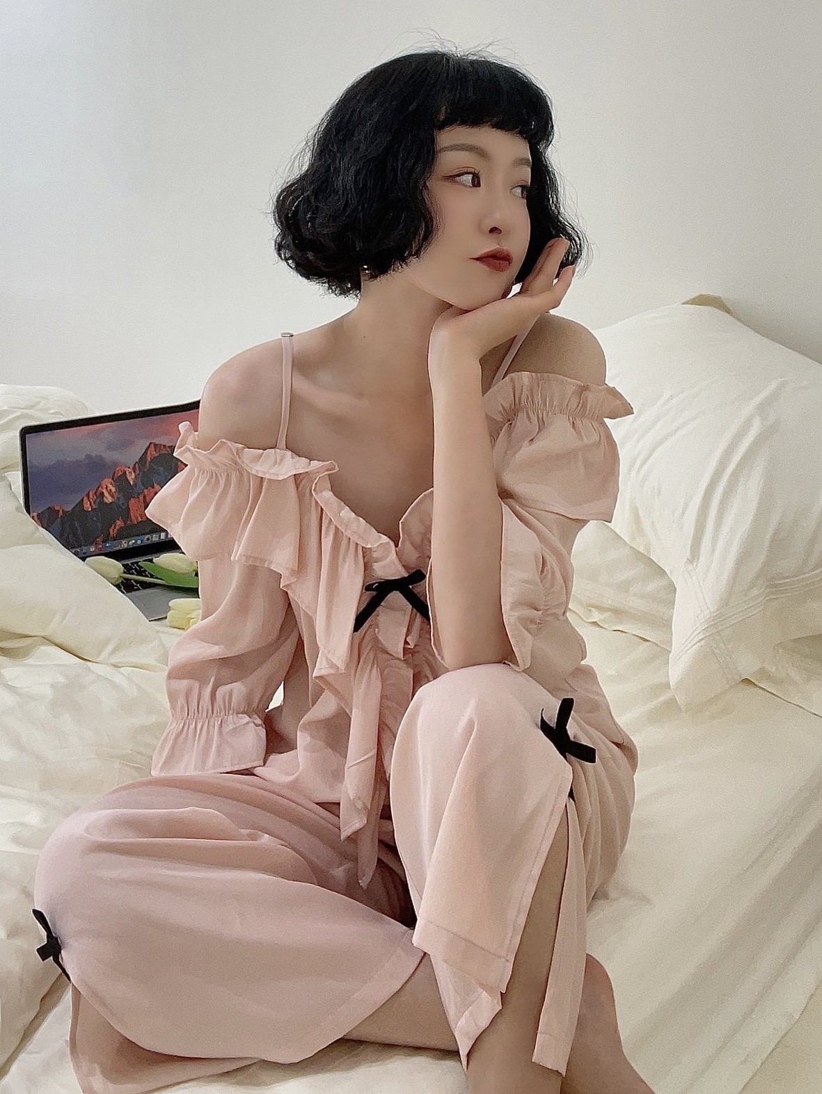 亲肤丝棉法式吊带漏肩短袖长裤两件套度假风情宽松显瘦居家服睡衣