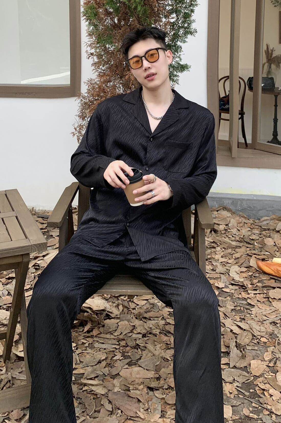 轻奢丝绸长袖长裤冰丝条纹高级光泽感薄款青年开衫家居服休闲睡衣