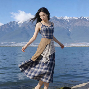 波西米亚复古连衣裙格子裙夏季 蕾丝吊带连衣裙海边度假长裙 新款