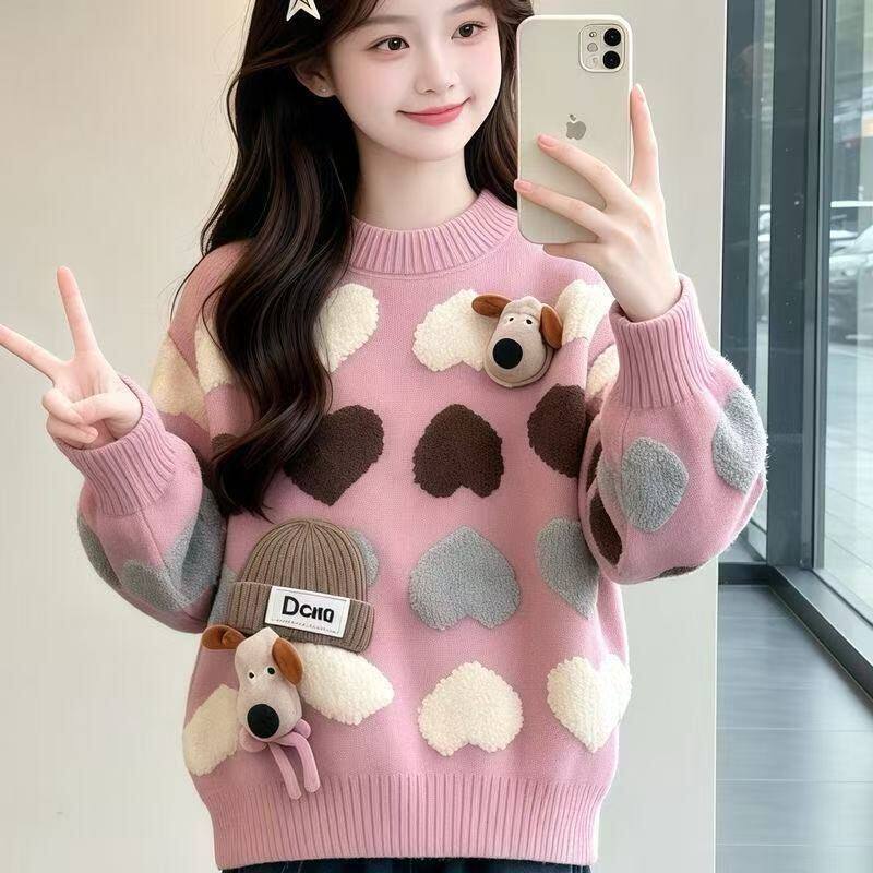女童秋冬款毛衣2026新款儿童洋气小狗上衣女孩秋装爱心加绒针织衫