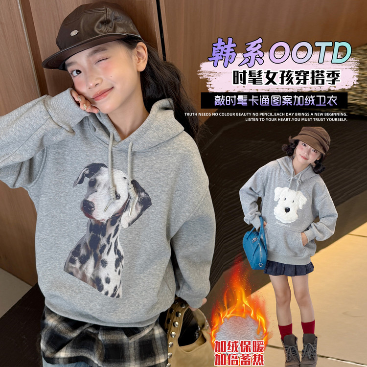 秋冬季儿童上衣女童卫衣新款中大童长袖女孩加绒连帽卡通印花卫衣