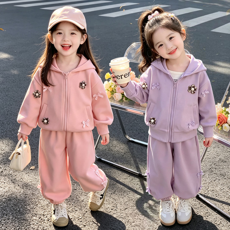 童装女童春秋套装新款洋气小女孩长袖连帽开衫外套休闲裤两件套潮