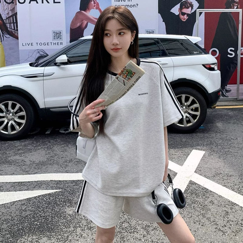 美式纯棉休闲运动服套装女夏学生宽松韩版时尚短袖短裤跑步两件套