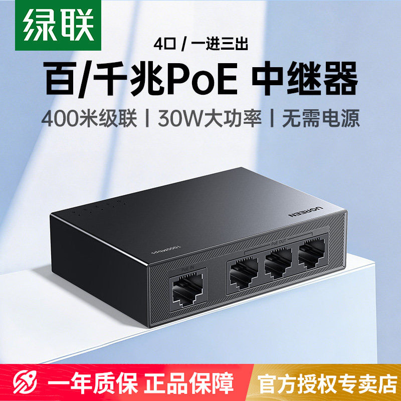 绿联标准poe中继器一分二/三百千兆供电网络延长分线器网口转换摄像头分离器4口级联交换机监控专用30W大功率