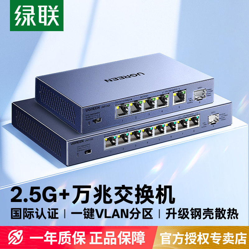绿联万兆交换机2.5g千兆4/5/8口光猫路由器网口家用监控以太网vlan光电口光纤10G链路聚合网络网管拓展分线器