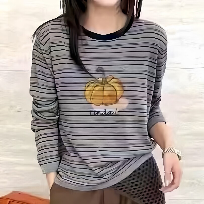 2026春秋季新款韩版百搭显瘦条纹打底衫女圆领套头长袖t恤上衣潮