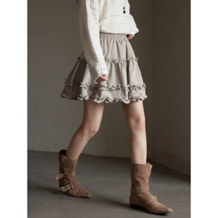新款 复古木耳花边A字半身裙女秋季 歌铭法式 短裙N522C 棕墨漾漪