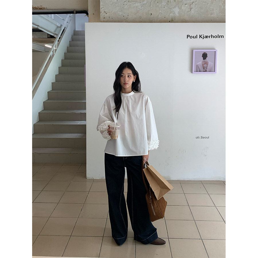 广州黄峥韩系早秋木耳边拼接灯笼袖衬衫女设计宽松气质衬衣