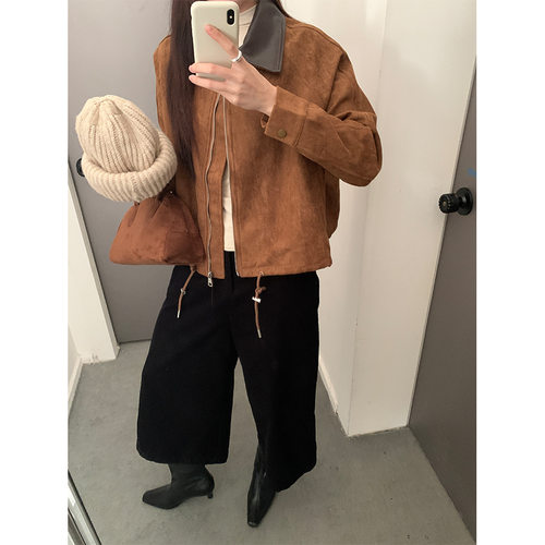 黄峥复古皮领麂皮绒短款外套女2025冬新款百搭机车夹克上衣