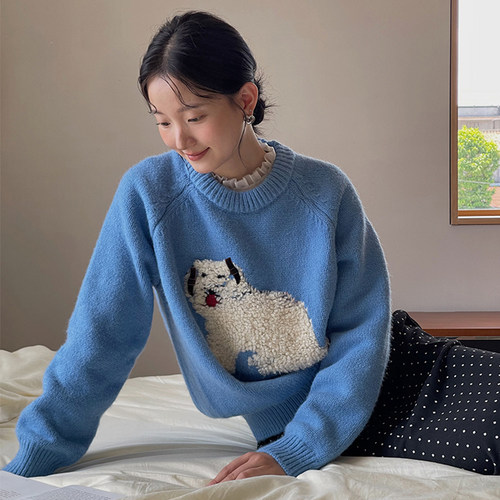 韩系毛绒小狗套头毛衣女秋冬宽松