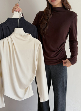 【晨曦奶绒】歌铭立领褶皱收腰长袖上衣冬季新款韩系通勤T恤N931C