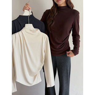 【晨曦奶绒】歌铭立领褶皱收腰长袖上衣冬季新款韩系通勤T恤N931C