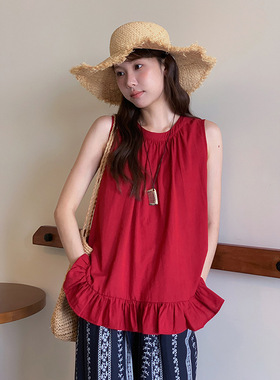 【夏日松弛感】歌铭法式复古荷叶边下摆背心女新款绑带上衣N198C