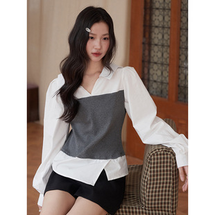 【汉南洞傍晚】歌铭设计感撞色拼接衬衫女秋季新款长袖上衣N628C