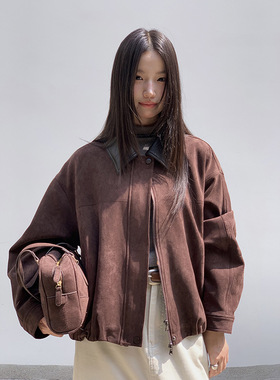 【焦糖咖啡】歌铭美式复古皮领仿麂皮外套2025秋季新款上衣N426C