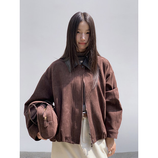 【焦糖咖啡】歌铭美式复古皮领仿麂皮外套2025秋季新款上衣N426C