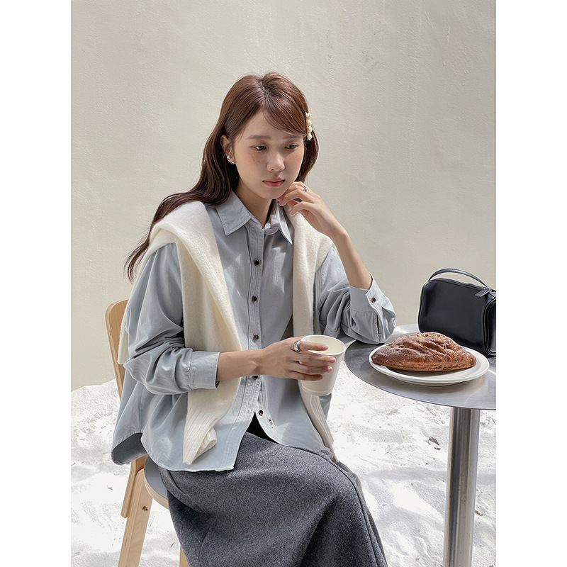 【 首尔晴天内里加绒】歌铭韩系通勤POLO领衬衫冬季长袖上衣W797C