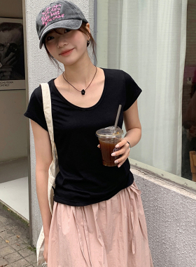 韩系流行极简大U领短袖T恤女夏薄款2024新款白色修身短款正肩上衣