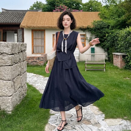 法诺娜圆领无袖裙女夏季新款宽松休闲显瘦百搭气质流行时尚连衣裙