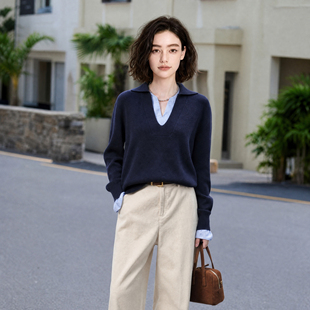 法诺娜套头毛针织衫女夏季新款假两件含羊毛宽松气质显瘦百搭上衣