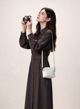 诺贝因秋季咖色纽扣设计感收腰显瘦宽松休闲翻领腰带衬衫连衣裙子