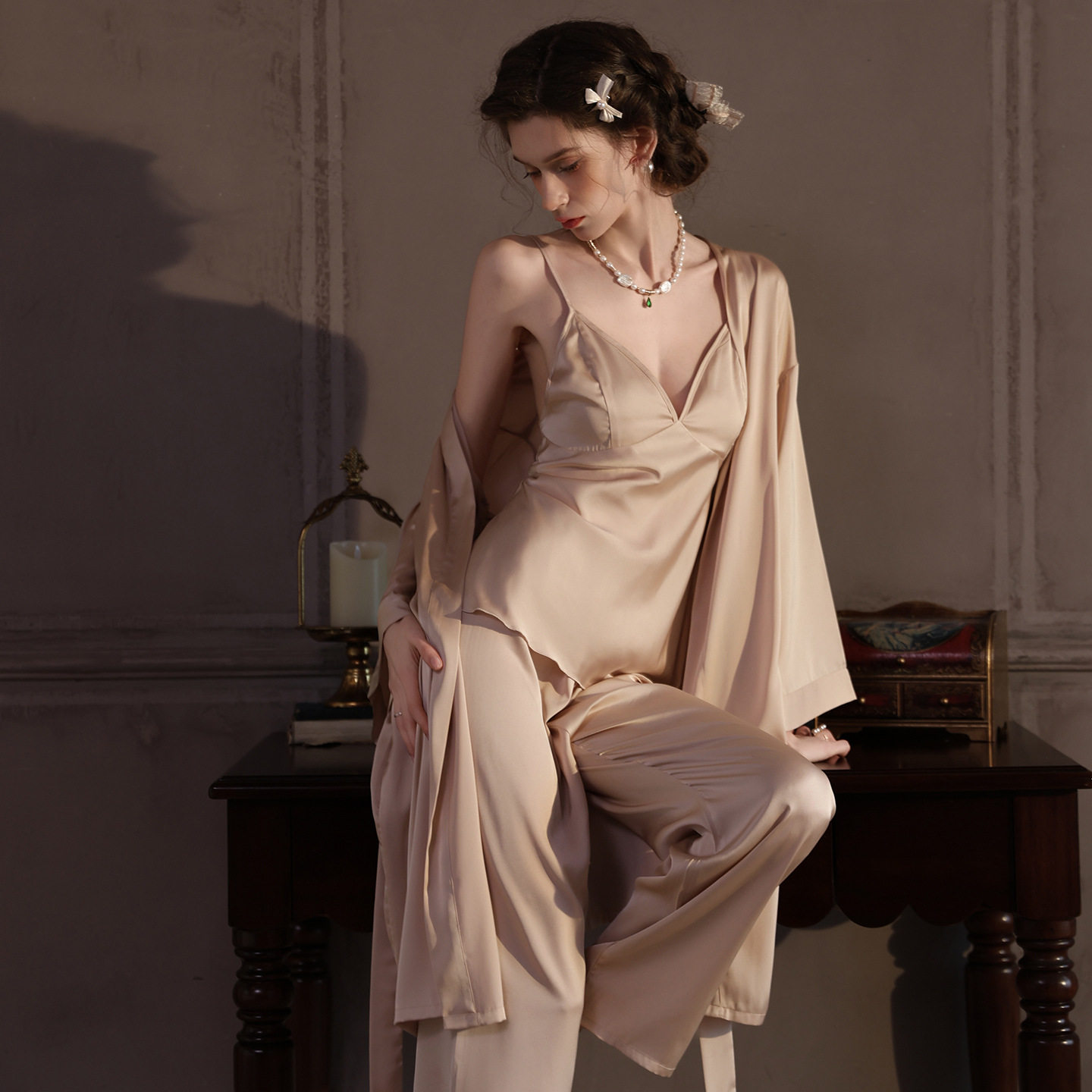 春夏性感冰丝吊带长裤女士套装薄款纯欲简约高级感睡衣家居服跨境