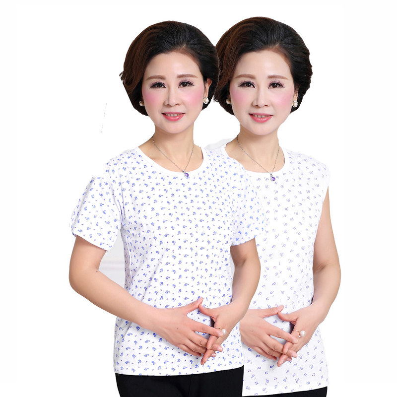 夏季装中老年汗衫女士印花纯棉短袖背心妈妈圆领宽松大码打底睡衣
