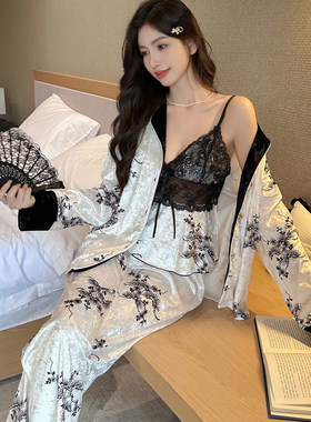 金丝绒睡衣女春秋季冬带胸垫