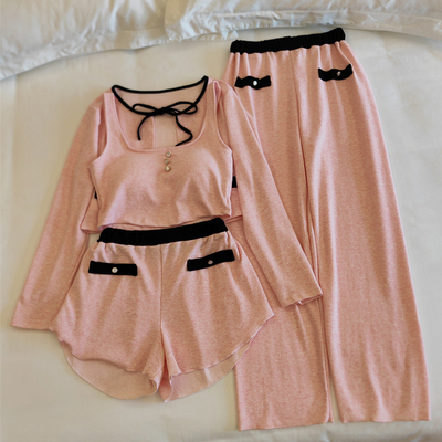 睡衣女四季带胸垫纯棉套装