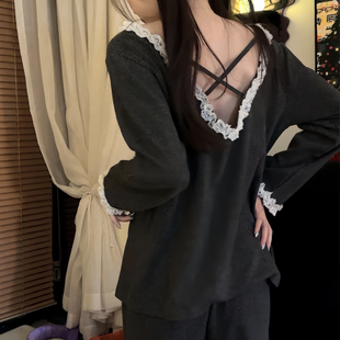 秋冬新款睡衣女软绵绵长袖长裤露背纯棉休闲宽松可外穿家居服套装