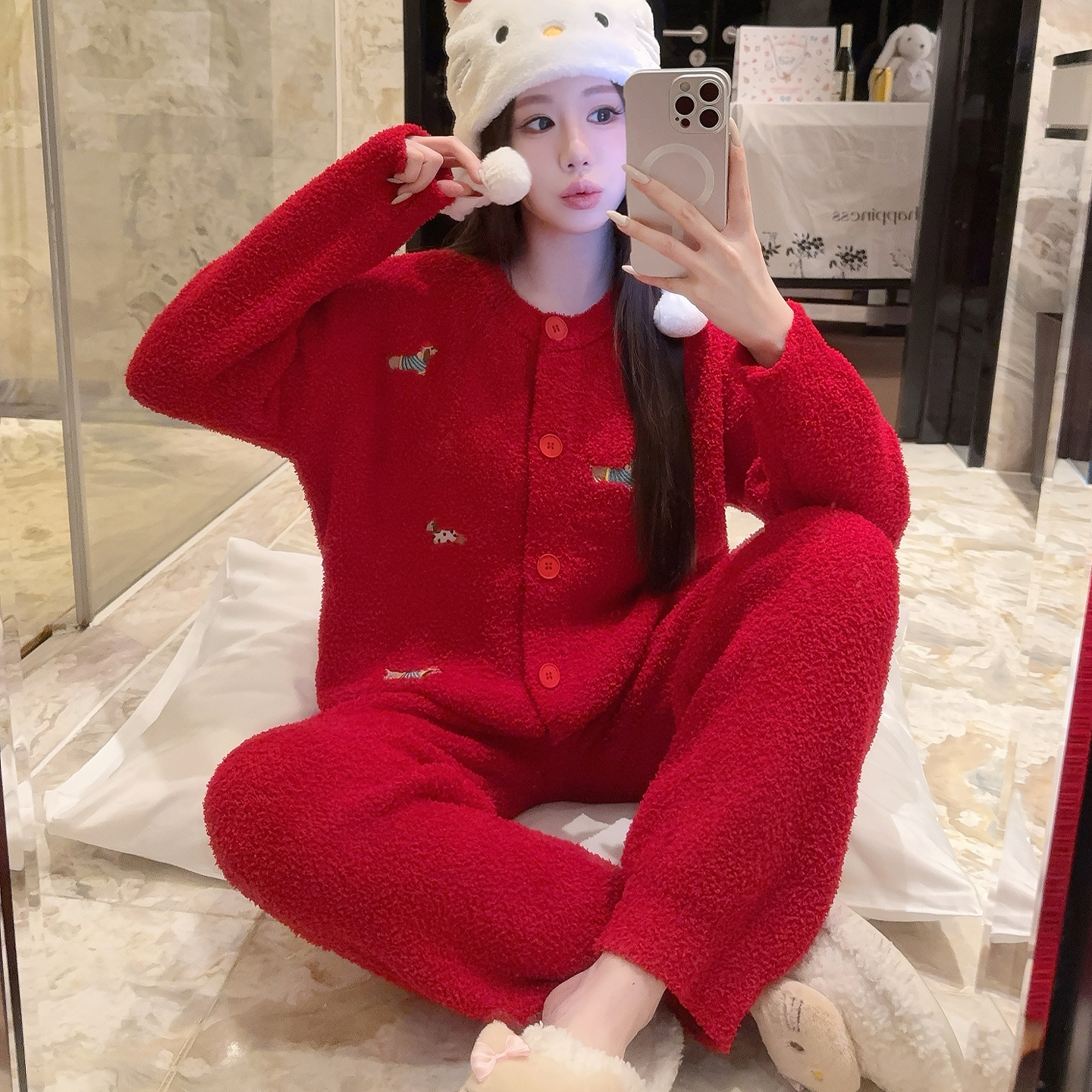 半边绒睡衣女秋冬季加绒加厚