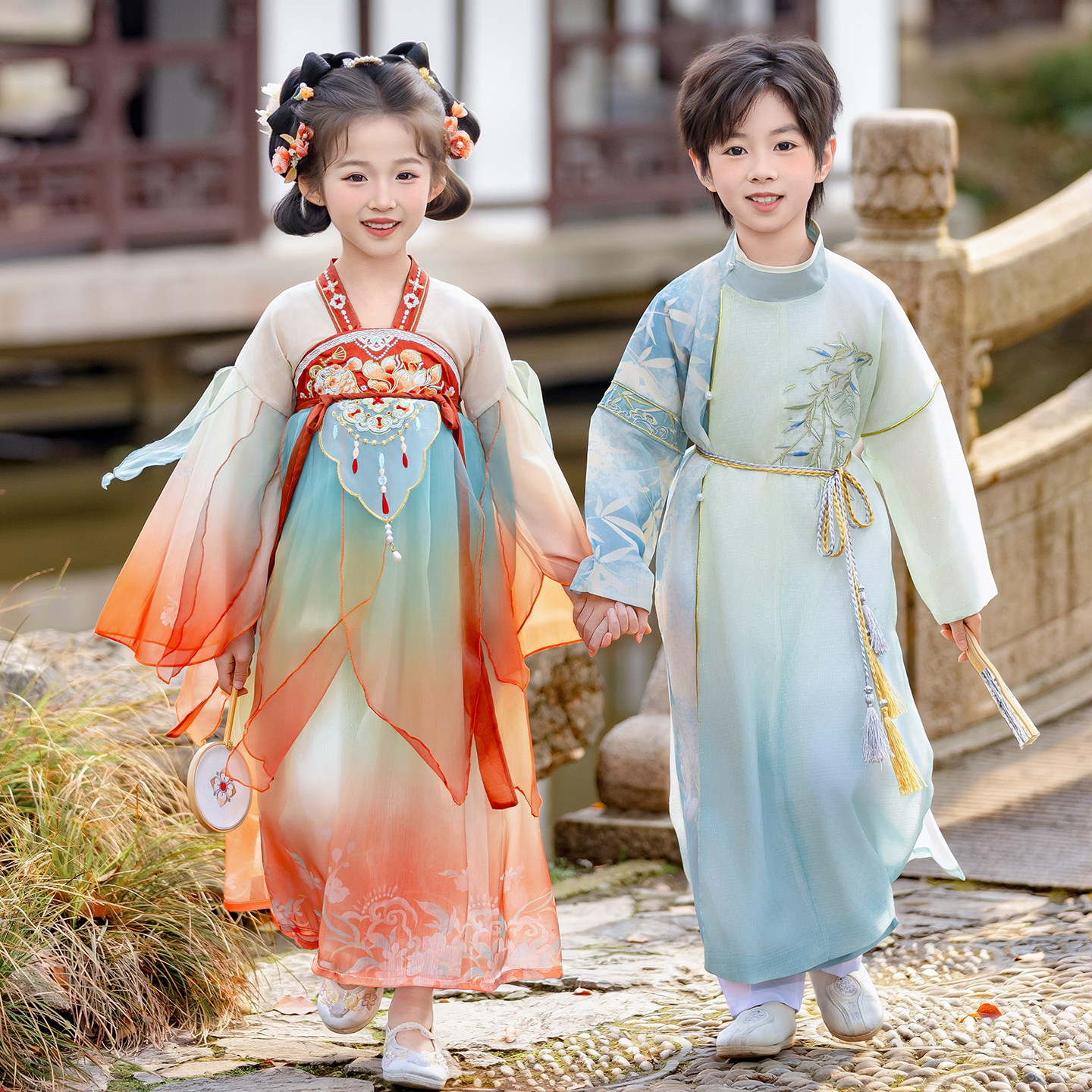 中秋节汉服男童春秋2026新款女童古装连衣裙唐装国学服儿童演出服
