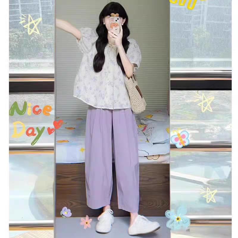 现货~夏季新款法式减龄碎花泡泡袖刺绣上衣+紫色阔腿裤套装