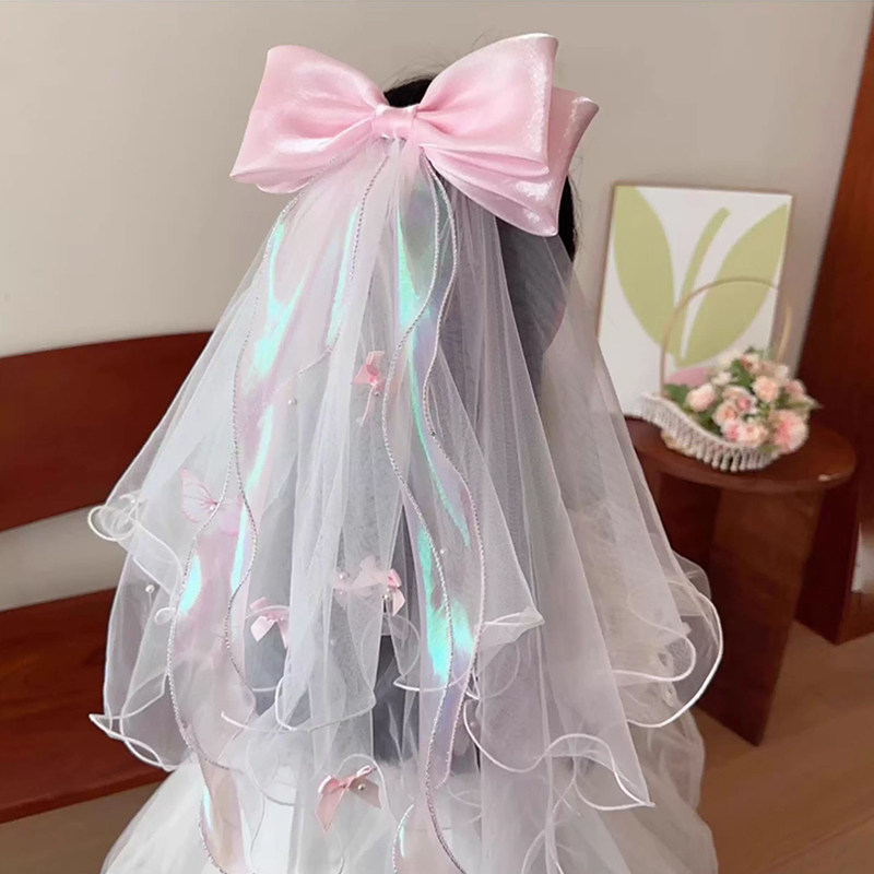 儿童头纱公主皇冠超仙长款发夹女孩拍照发饰蝴蝶结发卡可爱头饰