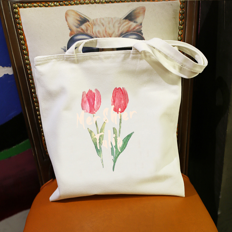原创自制油画郁金香印花单肩包拉链休闲帆布包小清新学生书包女包