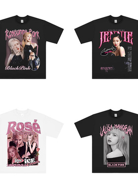 blackpink周边Rose朴彩英印花短袖美式复古做旧短纯棉t恤lisa