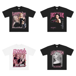 blackpink周边Rose朴彩英印花短袖美式复古做旧短纯棉t恤lisa