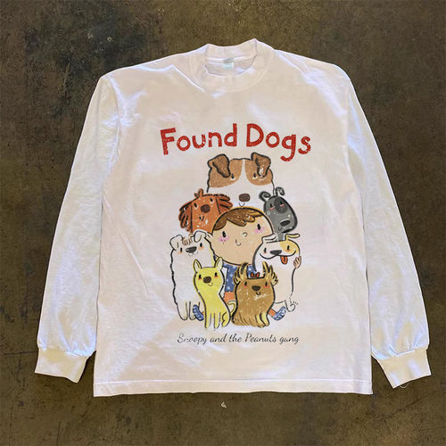 卡通Found Dogs狗狗人物印花长袖T恤男女同款VTG宽松纯棉圆领上衣