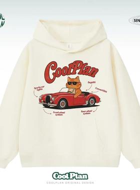 红色敞篷猫美式复古猫咪印花卫衣秋冬季宽松休闲慵懒连帽外套男女