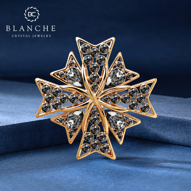 双层十字勋章灰色水晶胸针男士女